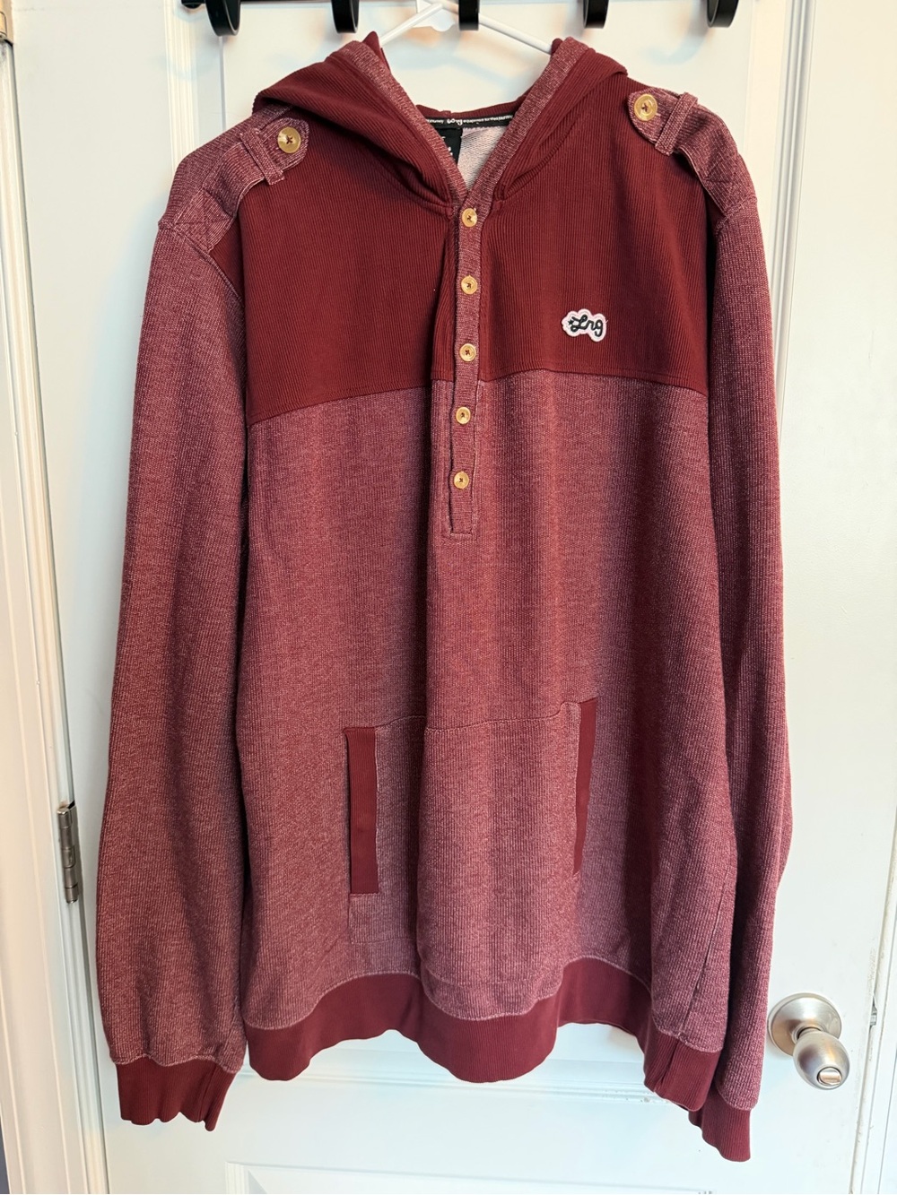 LRG Lifted Research Group Burgundy Two-Tone Ribbed Henley Hoodie Size 3XL